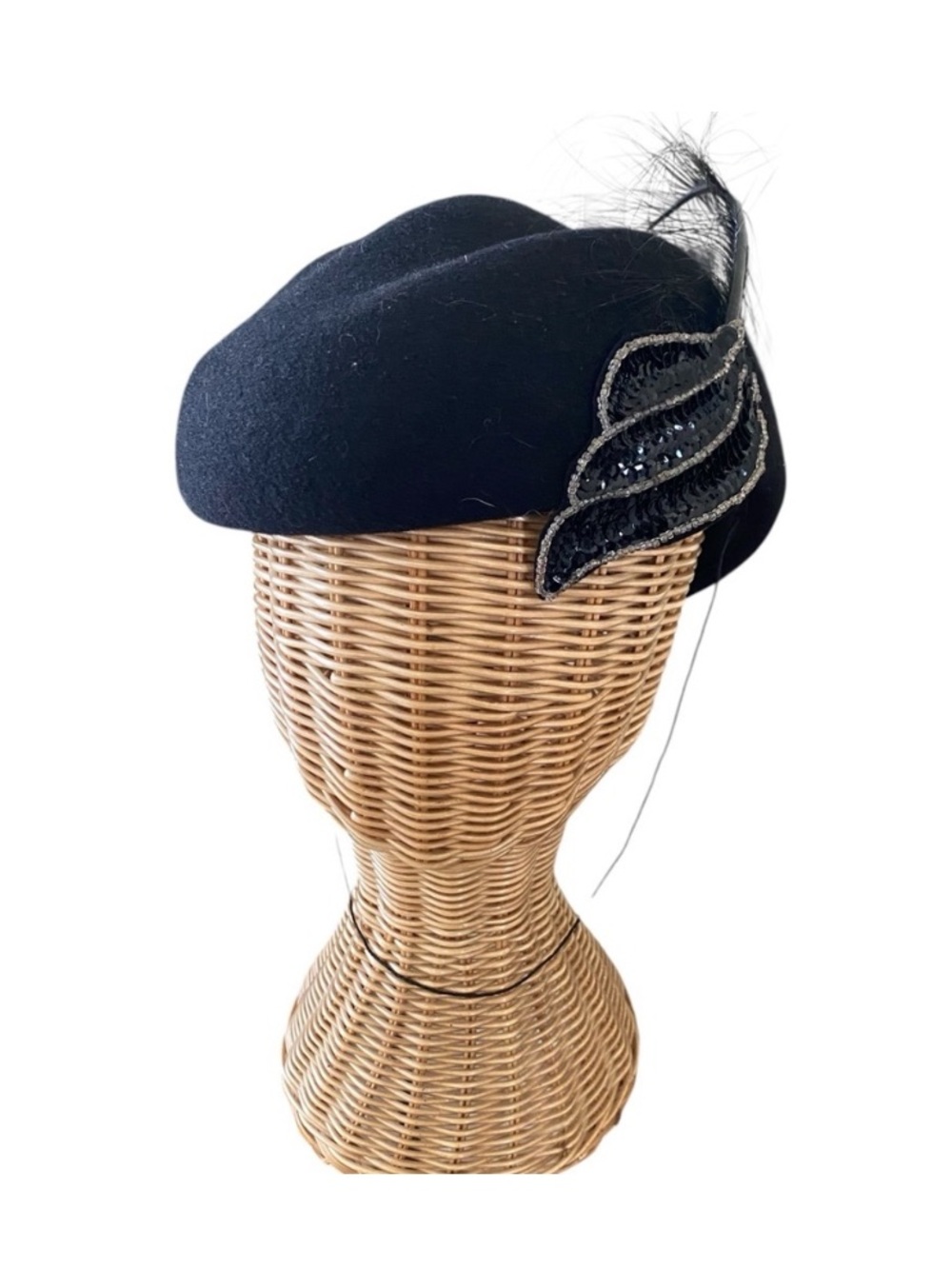 Adolfo II Excello 100% Wool Black Sequin Hat With Feather Vintage Church Easter